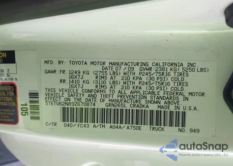 2009 Toyota Tacoma Prerunner V6 from USA, damaged, VIN 5TETU62N89Z670874